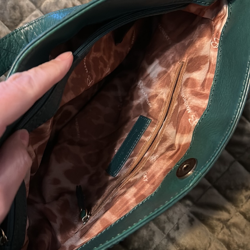 Makowsky Leather Hobo Bag Teal Green With Gold Zippers